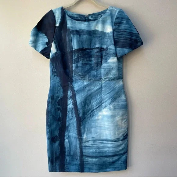 Carolina Herrera Blue Brush Stroke Abstract Sheath Dress MSRP $2,290 Size 8 - Picture 2 of 10